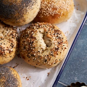 A Sourdough Discard Bagel with everything bagel seasoning.