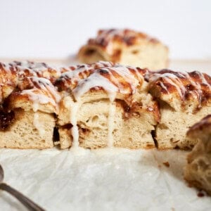 A side view of Sourdough Discard Cinnamon Roll Focaccia.