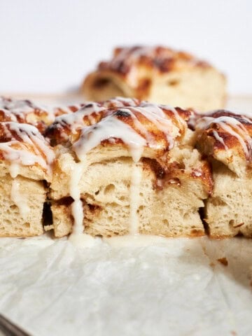 A side view of Sourdough Discard Cinnamon Roll Focaccia.