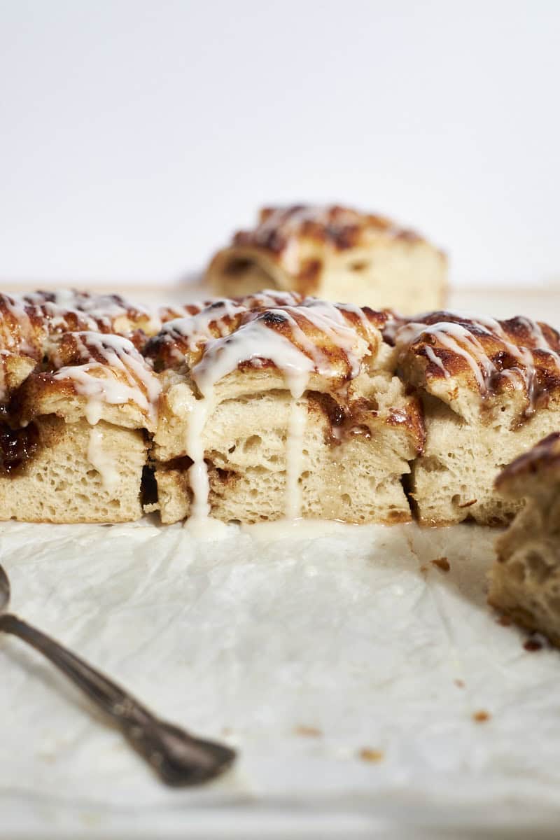 A side view of Sourdough Discard Cinnamon Roll Focaccia.