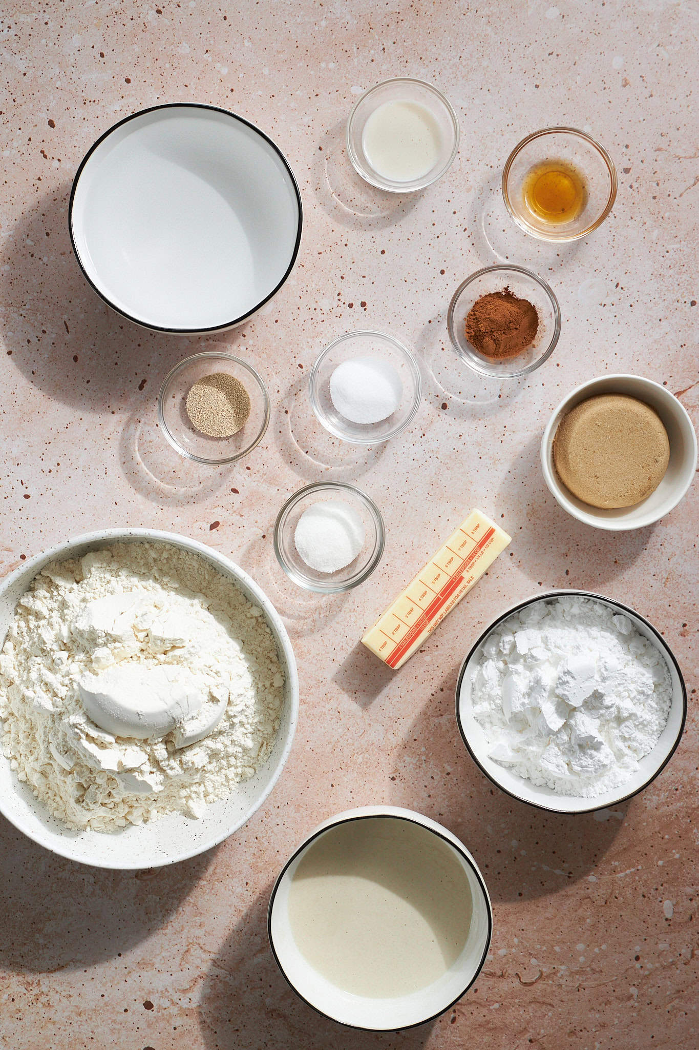 Ingredients for Sourdough Discard Cinnamon Roll Focaccia in small bowls.