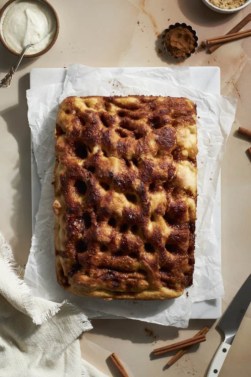 An overhead view of Sourdough Discard Cinnamon Roll Focaccia before frosting.