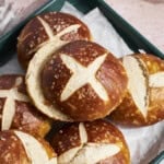 A stack of Sourdough Discard Pretzel Buns.