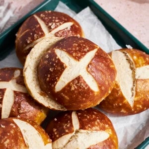 A stack of Sourdough Discard Pretzel Buns.