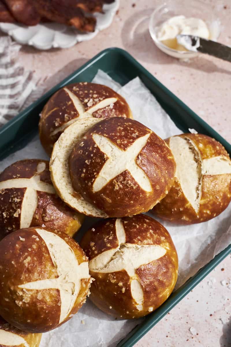 A stack of Sourdough Discard Pretzel Buns.