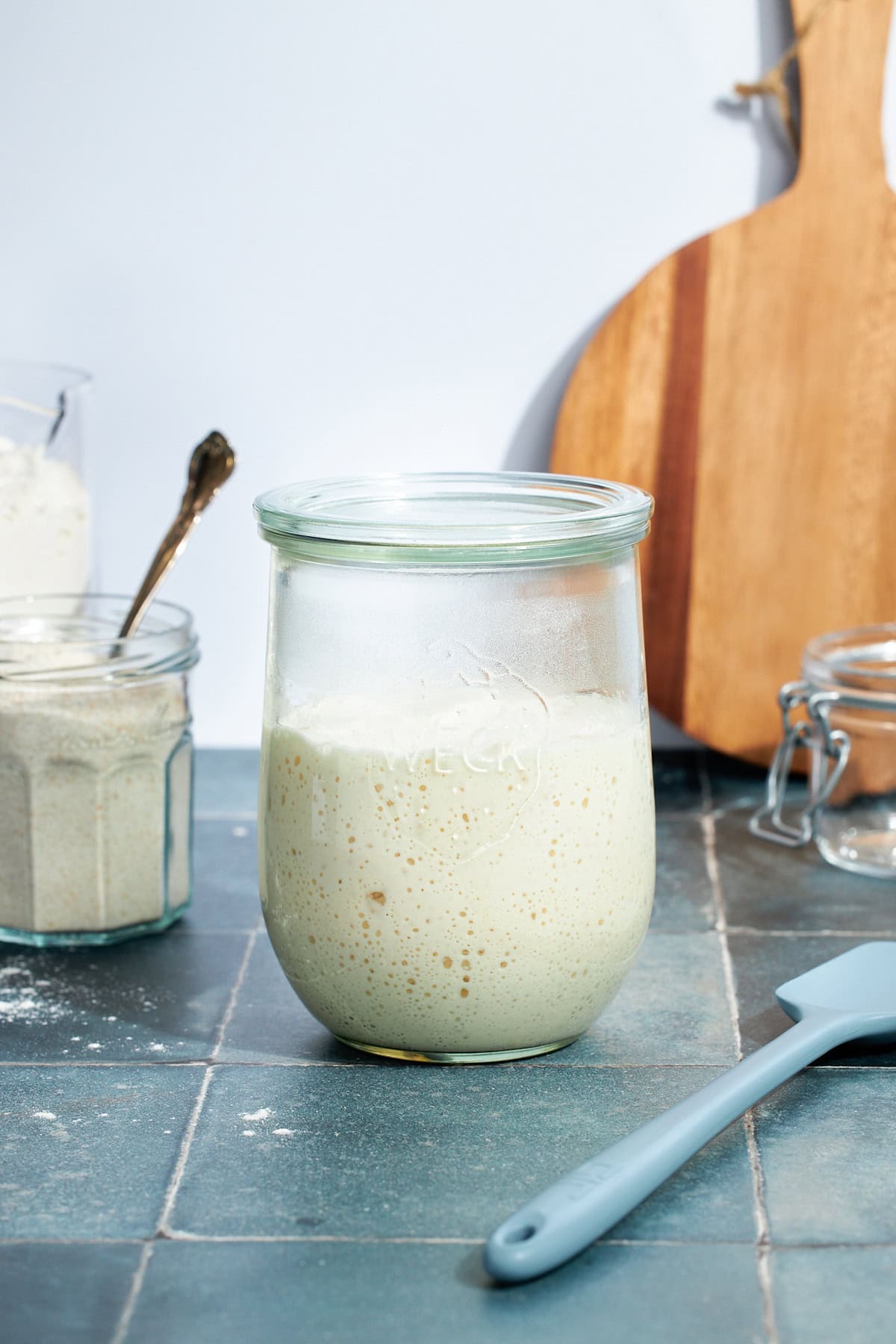 Sourdough starter in a glass jar.