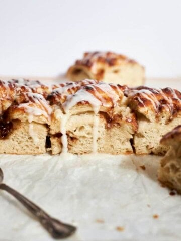 A side view of Sourdough Discard Cinnamon Roll Focaccia.