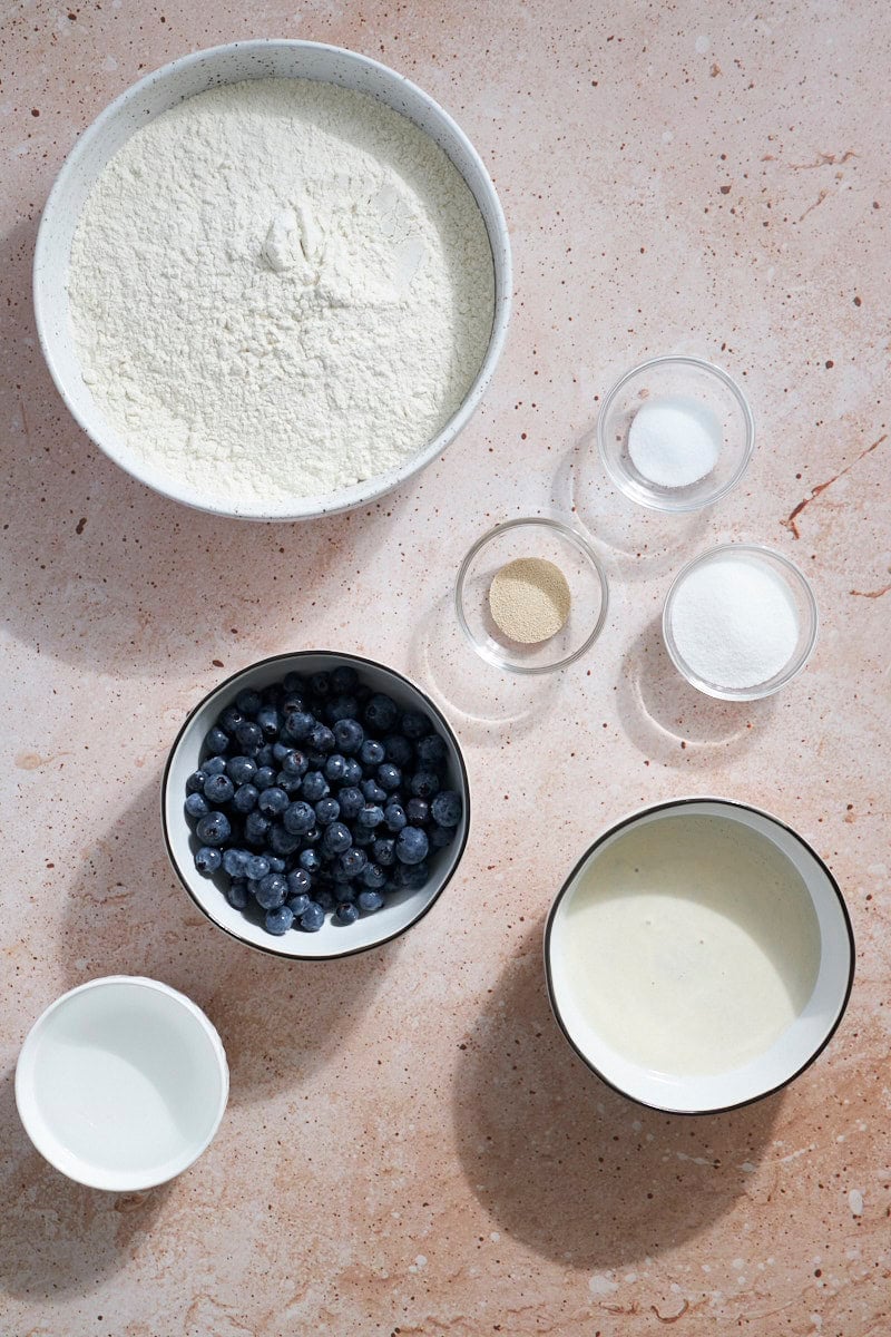 Ingredients for Sourdough Discard Blueberry Bagels in small bowls.