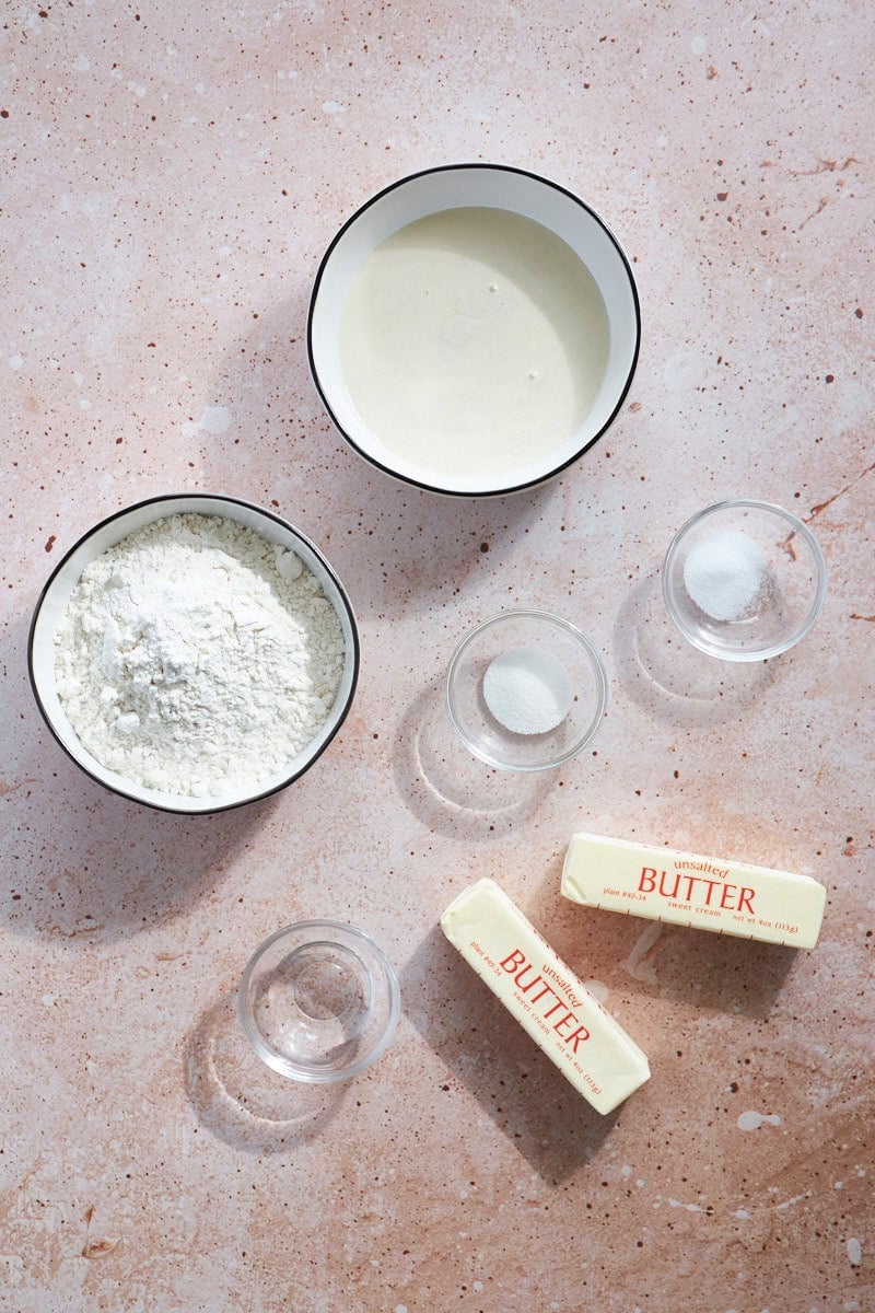 Ingredients for Sourdough Discard Pie Crust in small bowls.