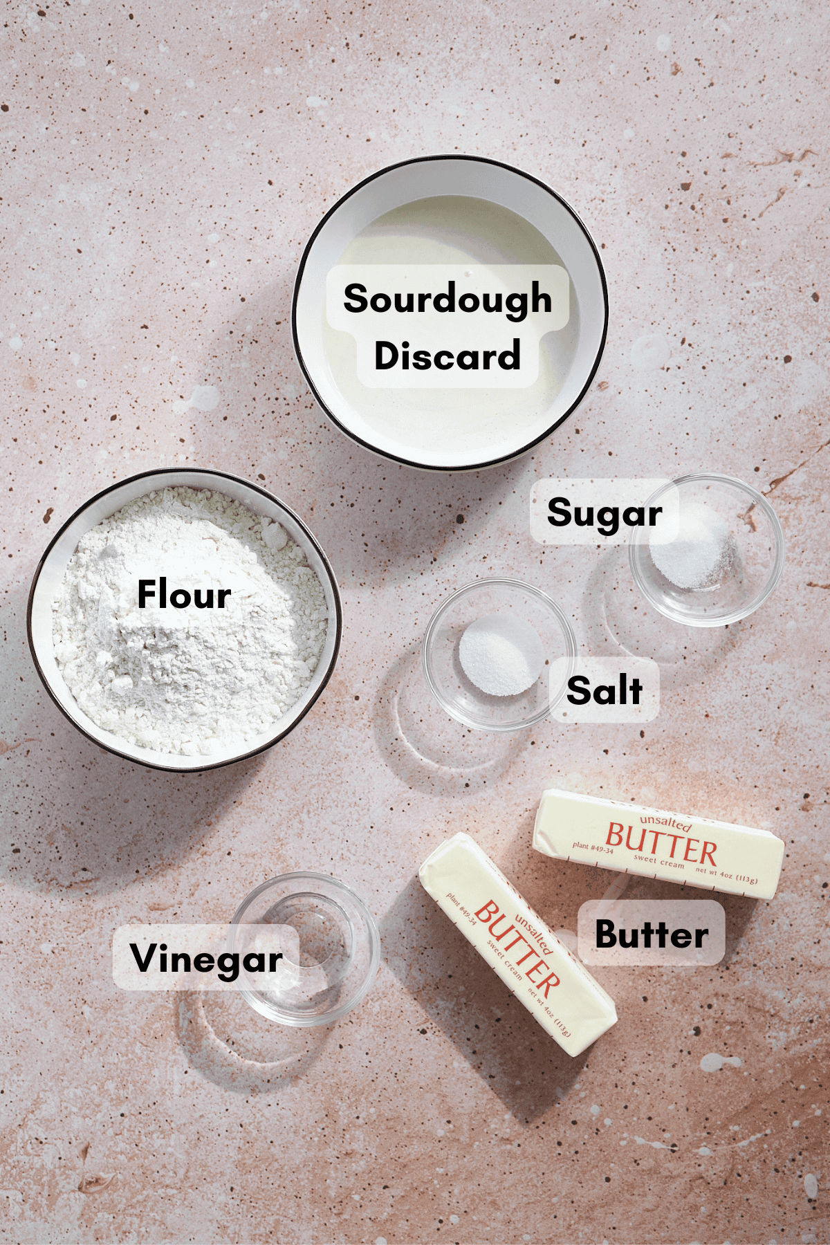 Ingredients for Sourdough Discard Pie Crust in small bowls. 
