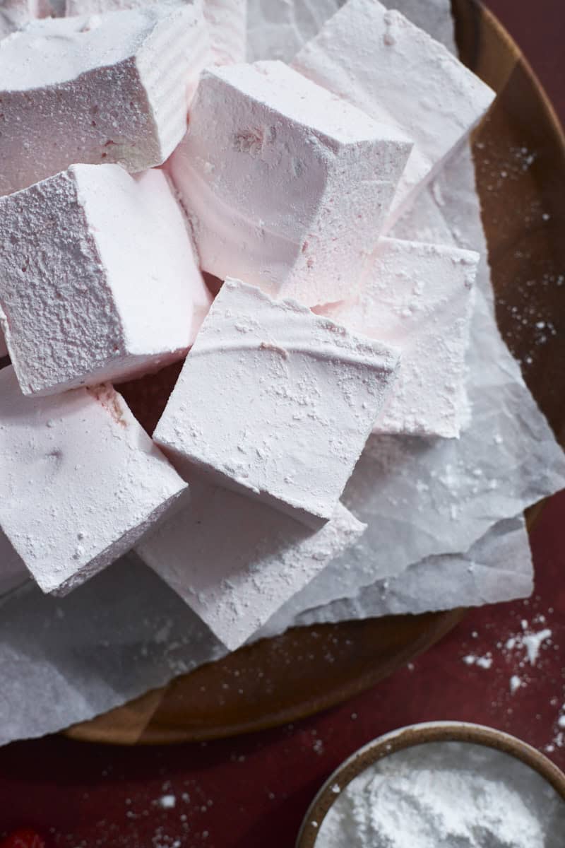 A closeup of Strawberry Pink Marshmallows on a tray.