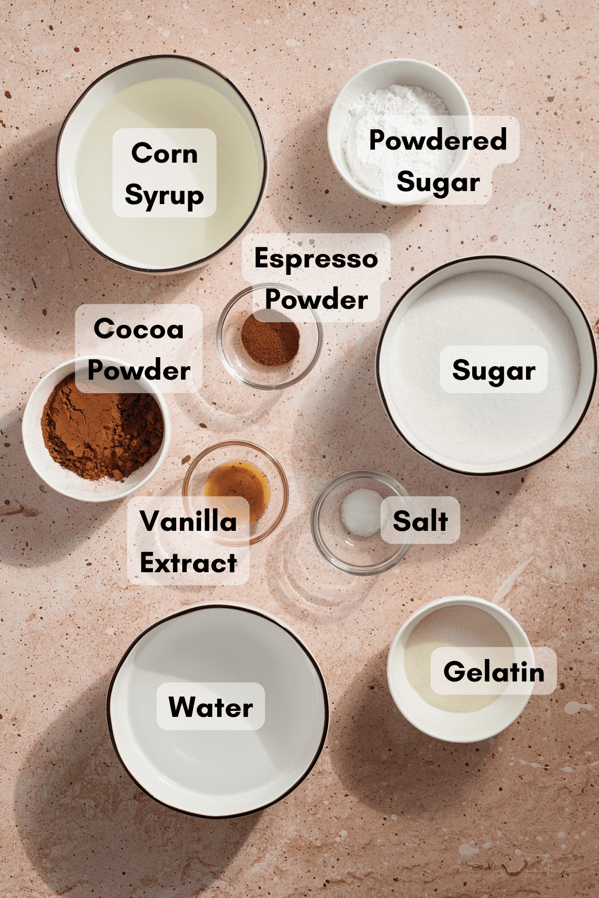 Ingredients for Chocolate Marshmallows in small bowls. 
