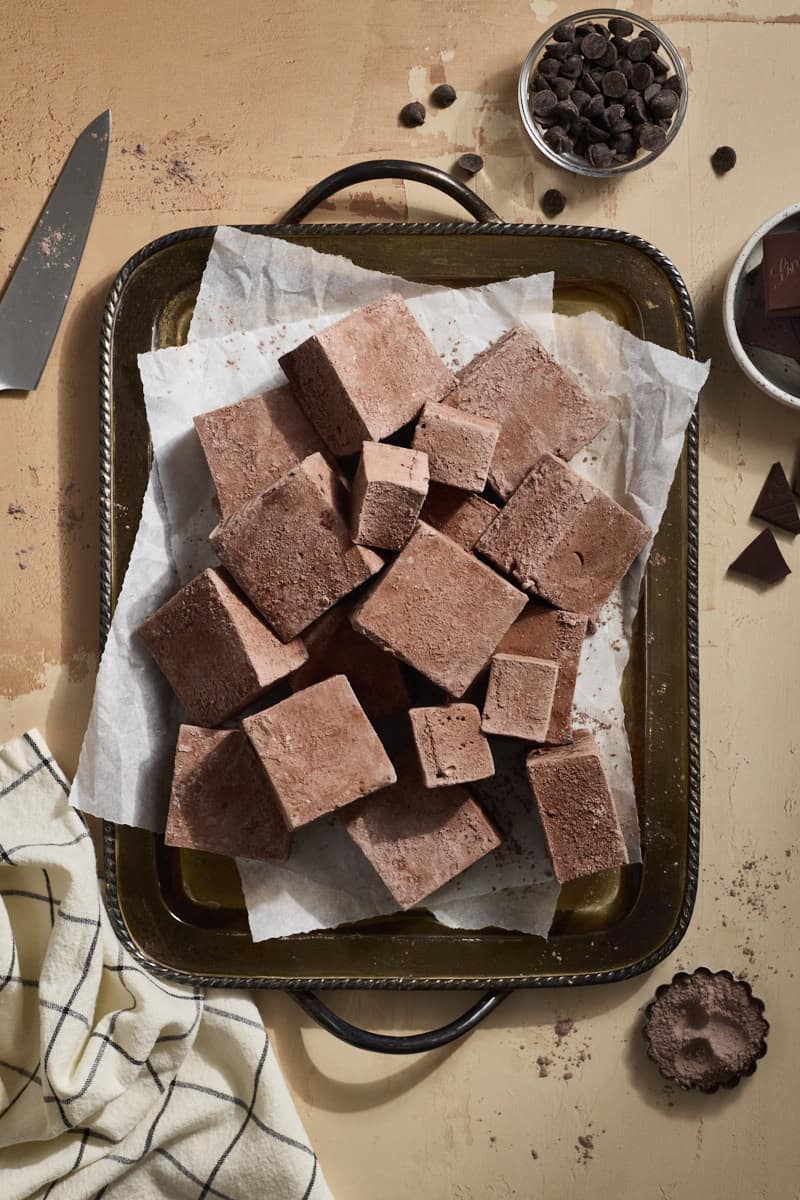 Chocolate Marshmallows on a tray.