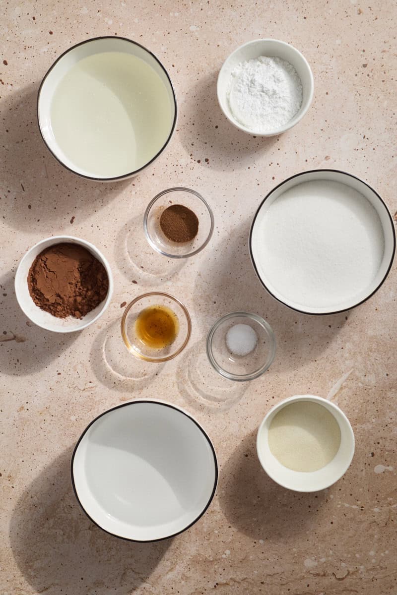 Ingredients for Chocolate Marshmallows in small bowls.
