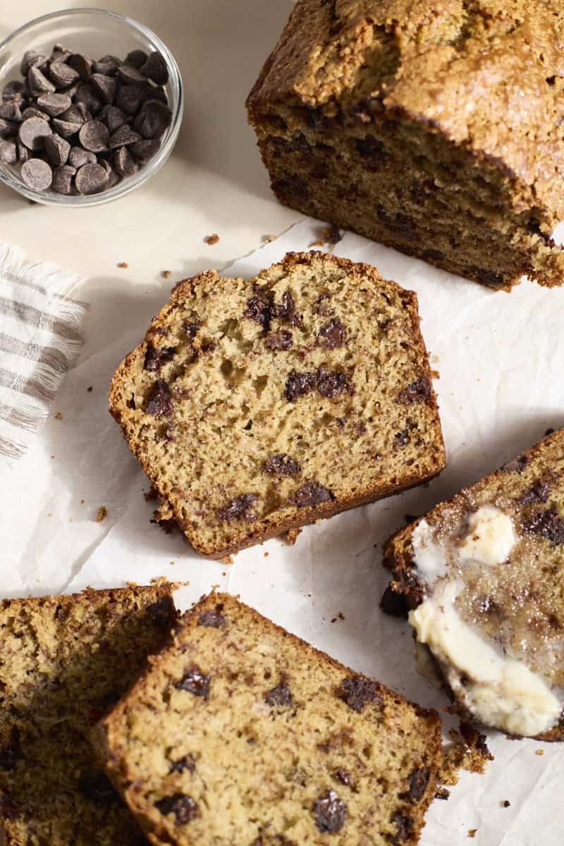 Sourdough Discard Banana Bread with chocolate chips.
