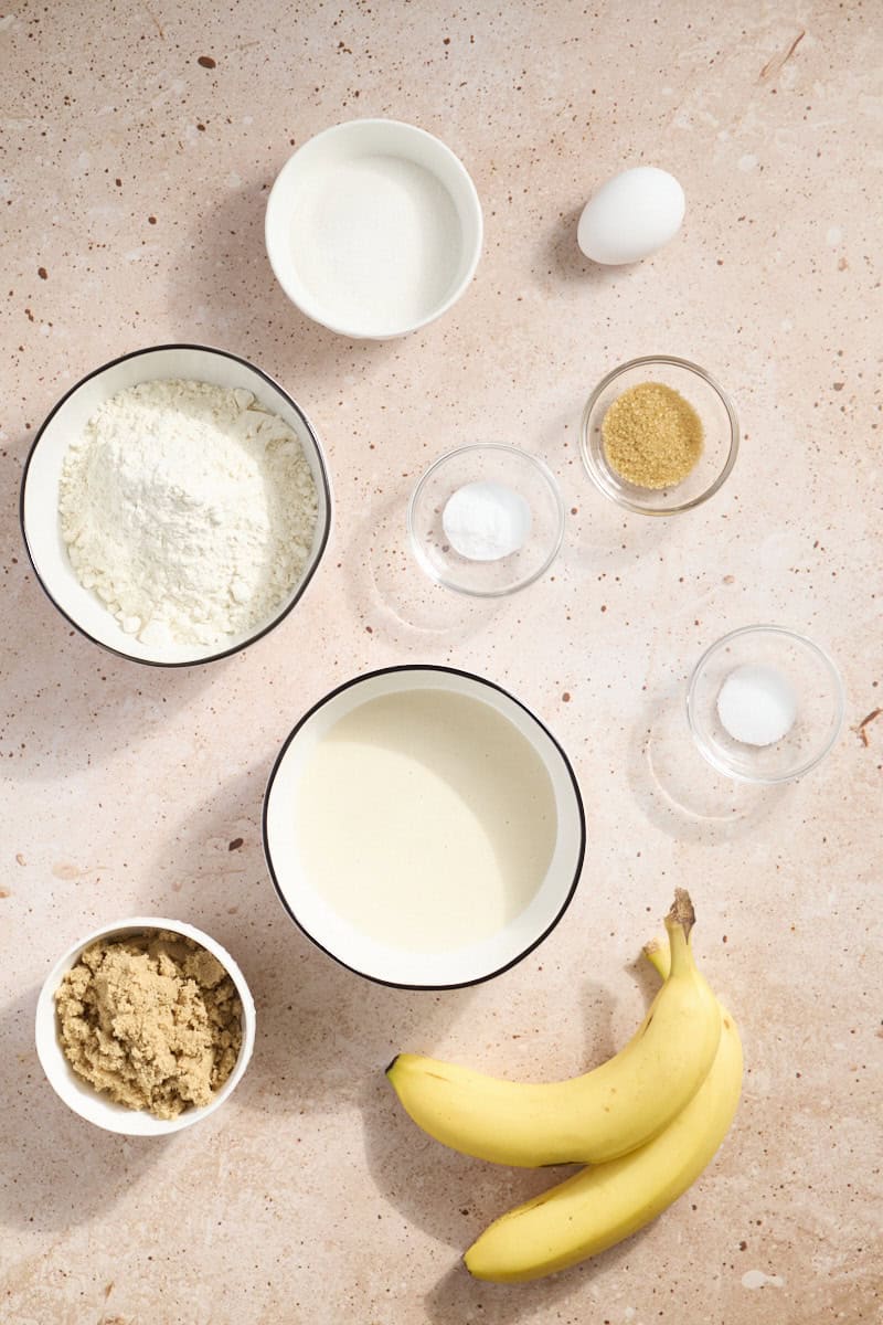 Ingredients for Sourdough Discard Banana Bread in small bowls.