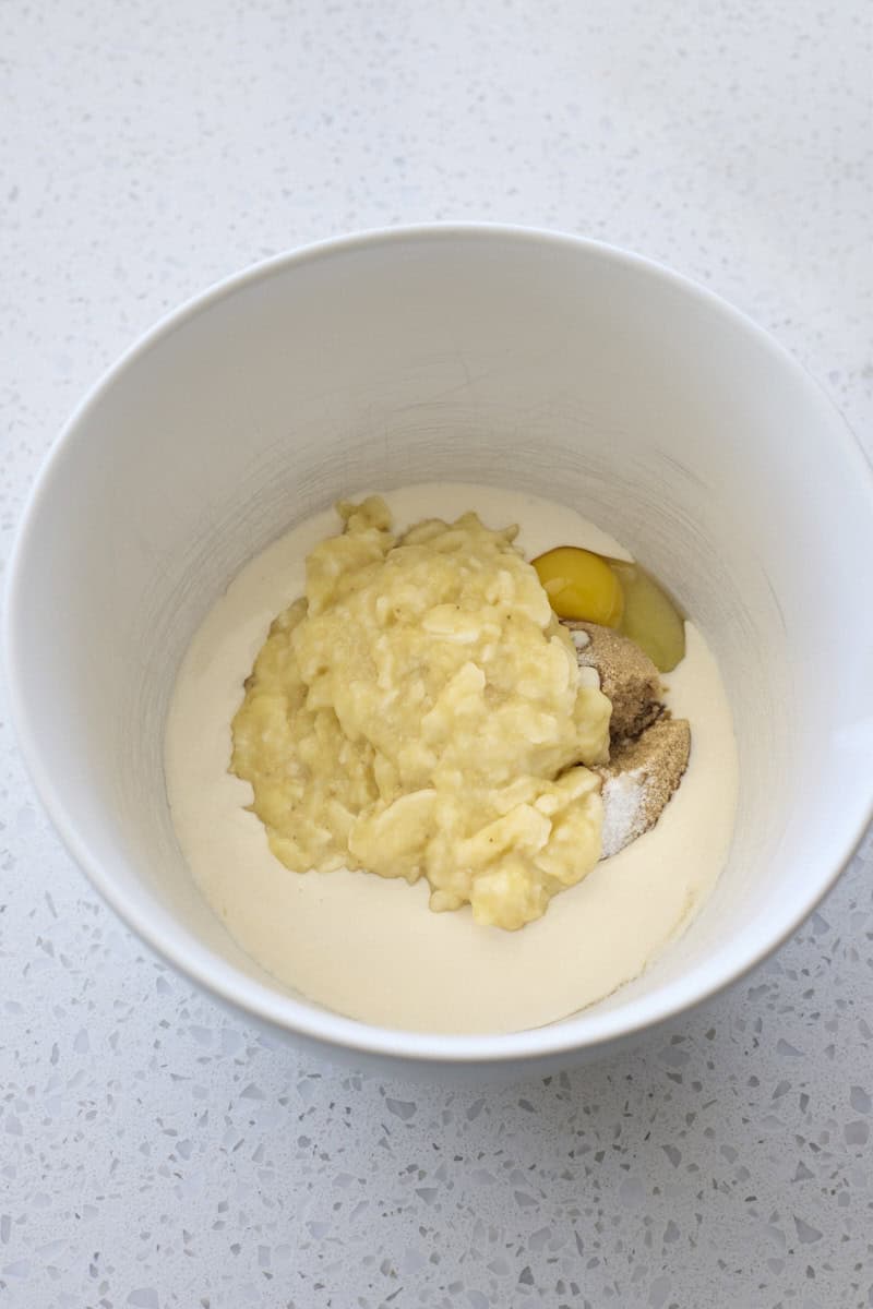Wet ingredients added to the batter bowl.