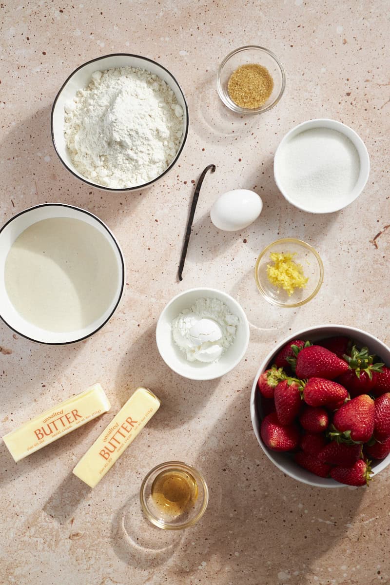 Ingredients for Sourdough Discard Strawberry Galette in small bowls.