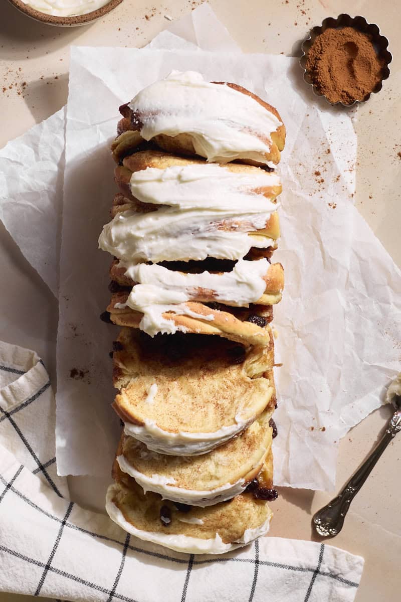 Sourdough Discard Cinnamon Roll Pull Apart Bread after frosting.