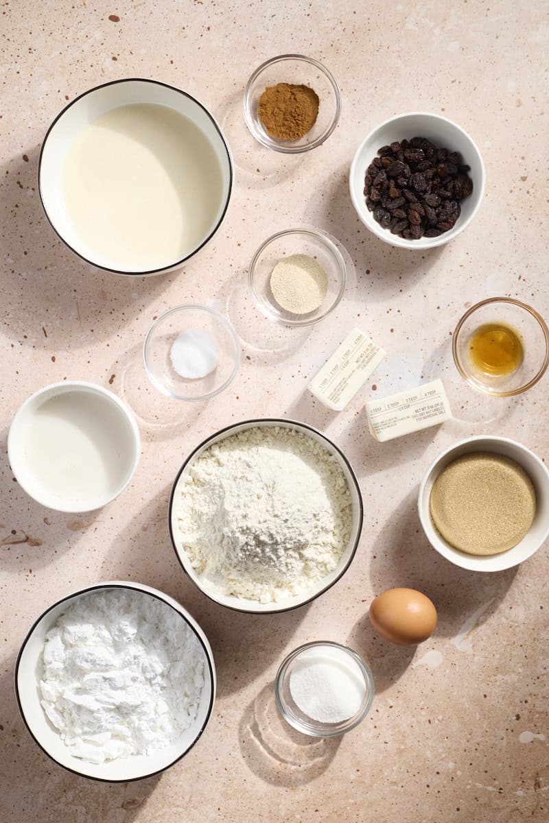 Ingredients for Sourdough Discard Cinnamon Roll Pull Apart Bread in small bowls.