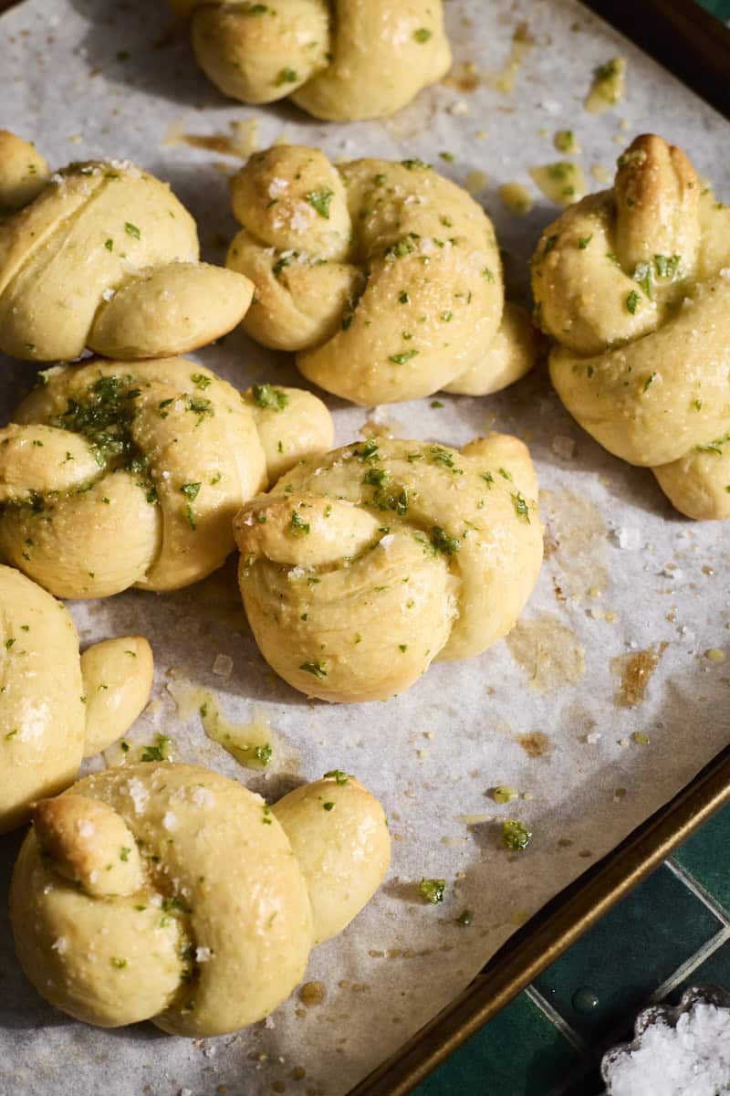 A pile of Sourdough Discard Garlic Knots.