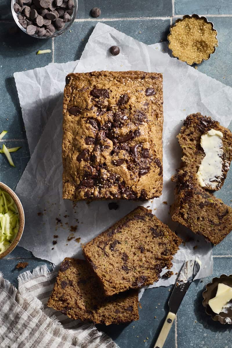 Sliced Sourdough Discard Zucchini Bread with chocolate chips.