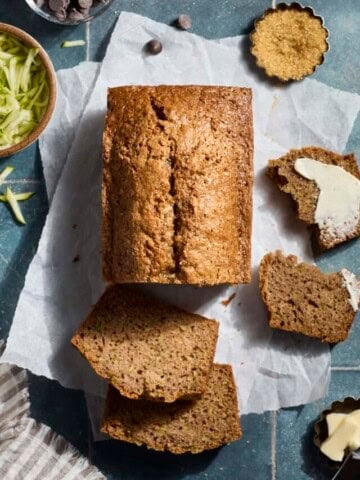 Sliced Sourdough Discard Zucchini Bread on parchment paper.