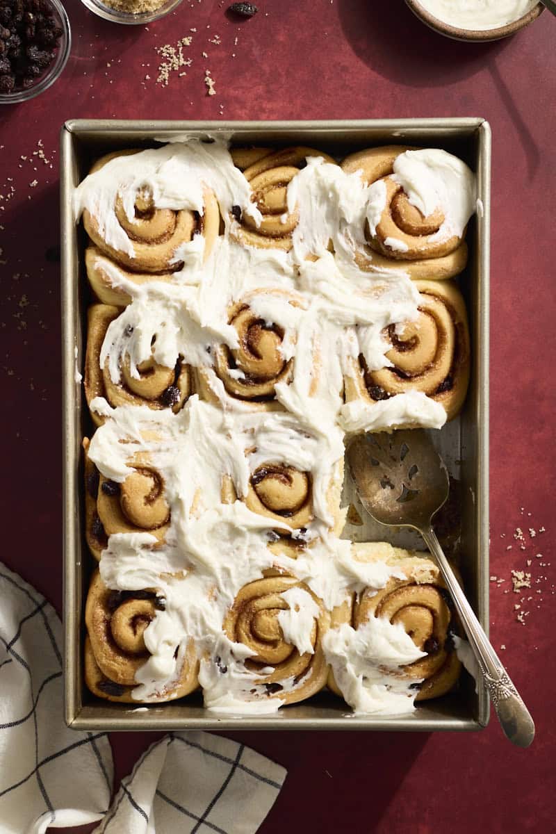 Sourdough Discard Cinnamon Rolls in a baking pan.