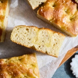 An overhead view of a slice of Sourdough Discard Focaccia.