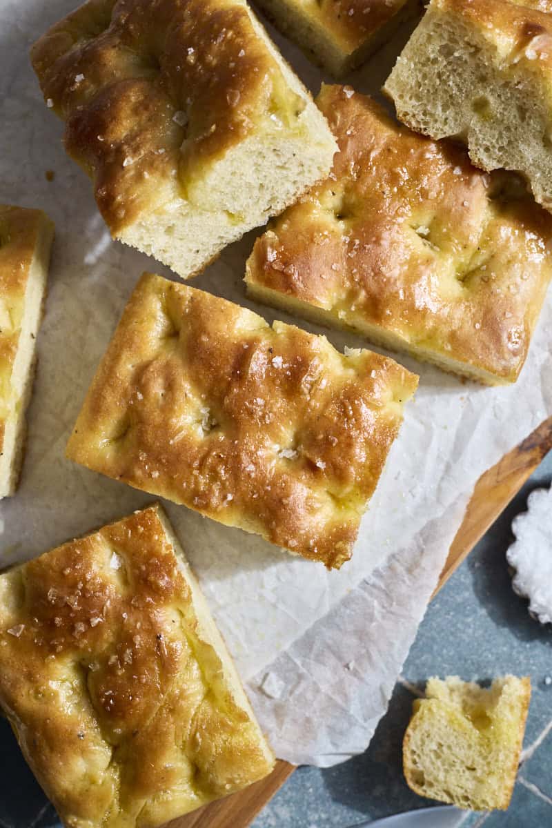 An overhead view of a slice of Sourdough Discard Focaccia.