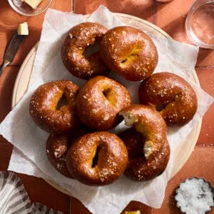 Sourdough Discard Pretzel Bagels in a pile on a platter.