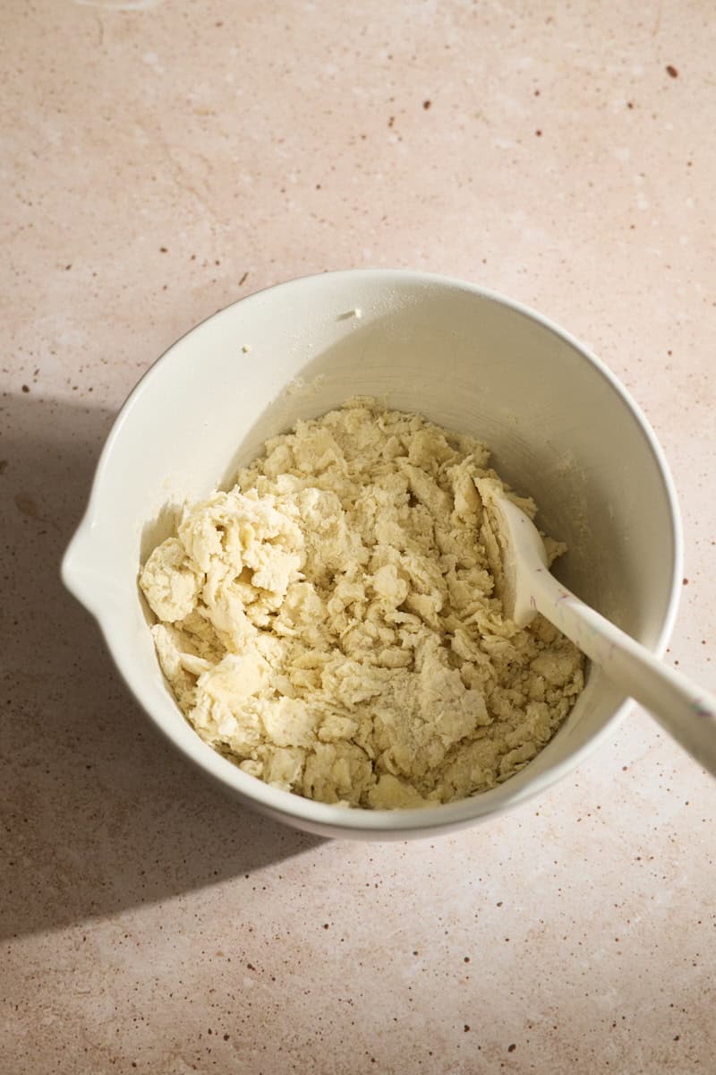 Dough roughly mixed in a bowl.
