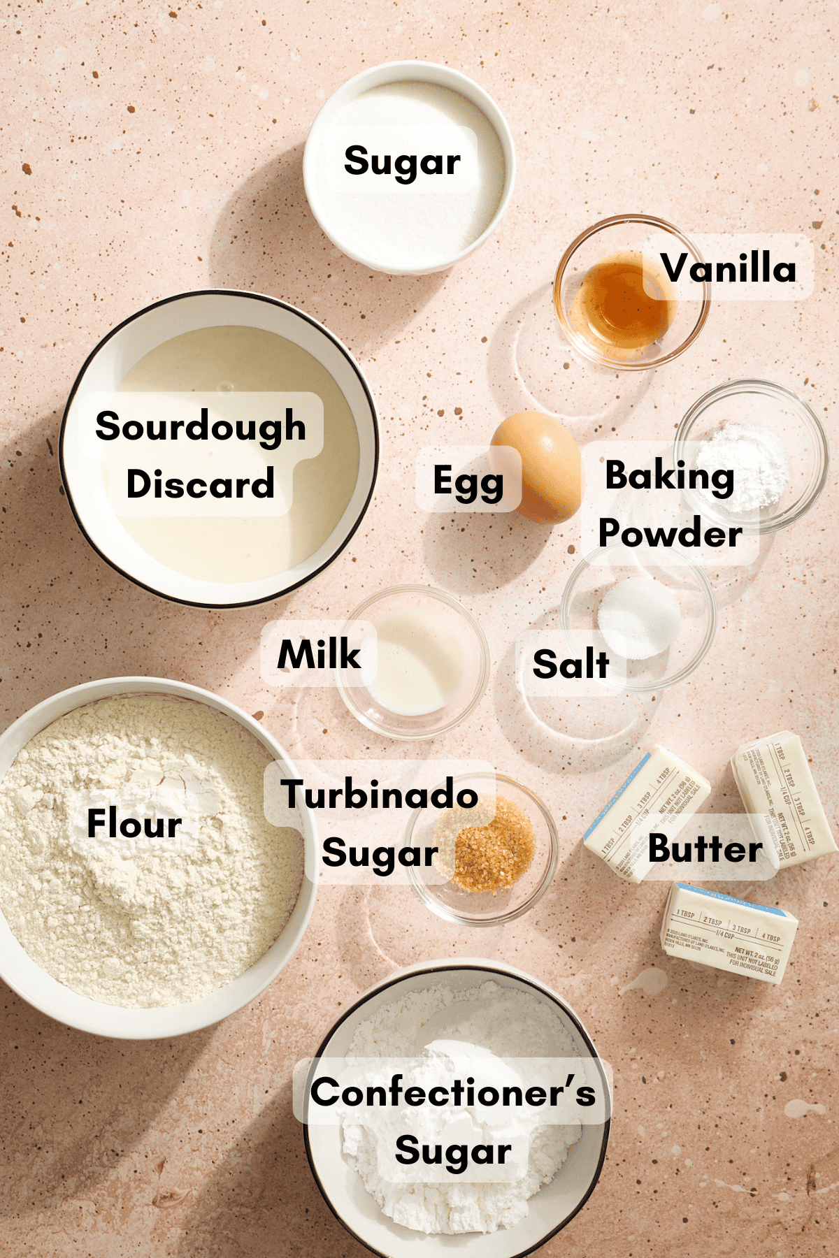 Ingredients for Sourdough Discard Scones in small bowls.