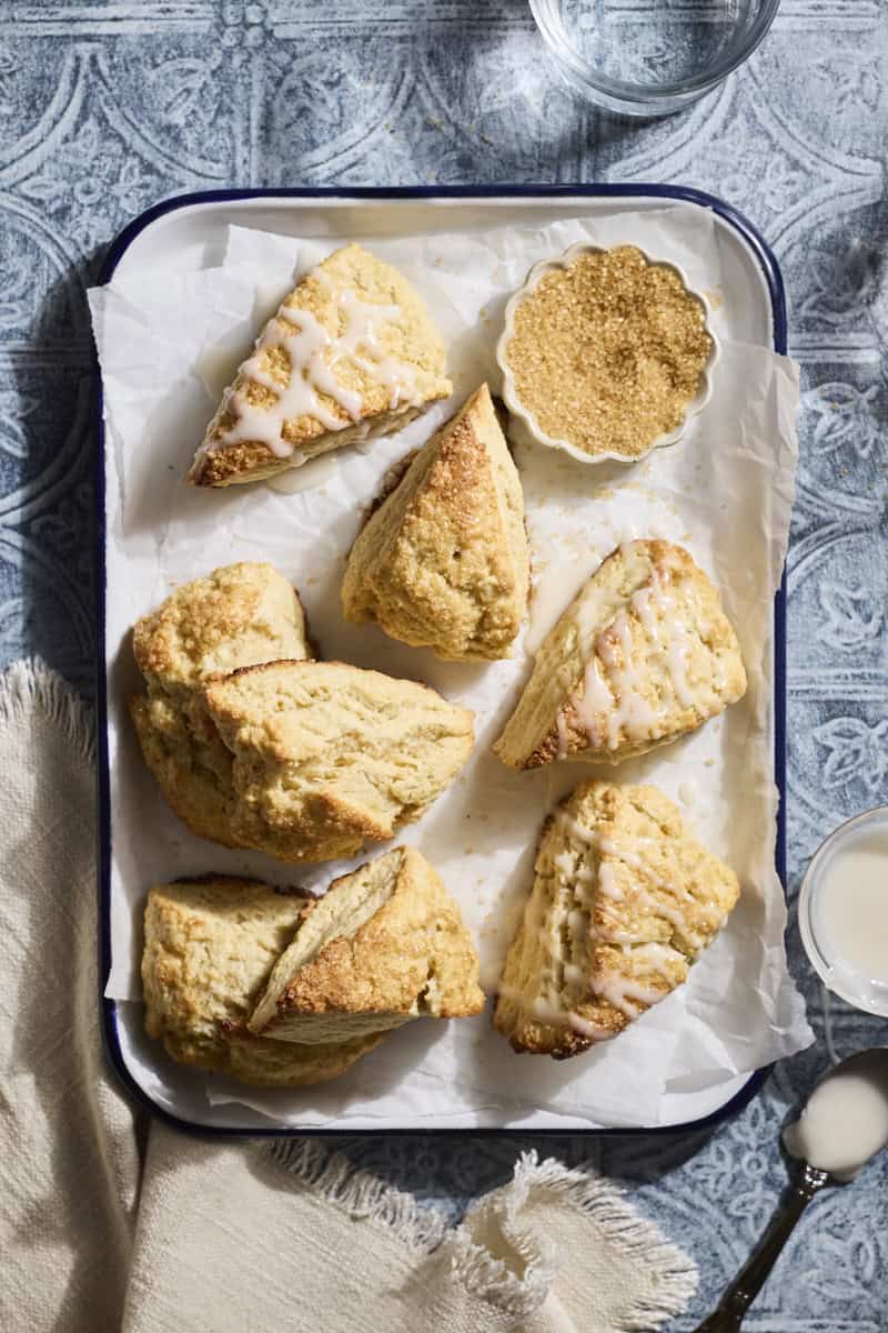 An overhead view of Sourdough Discard Scones on a white tray.