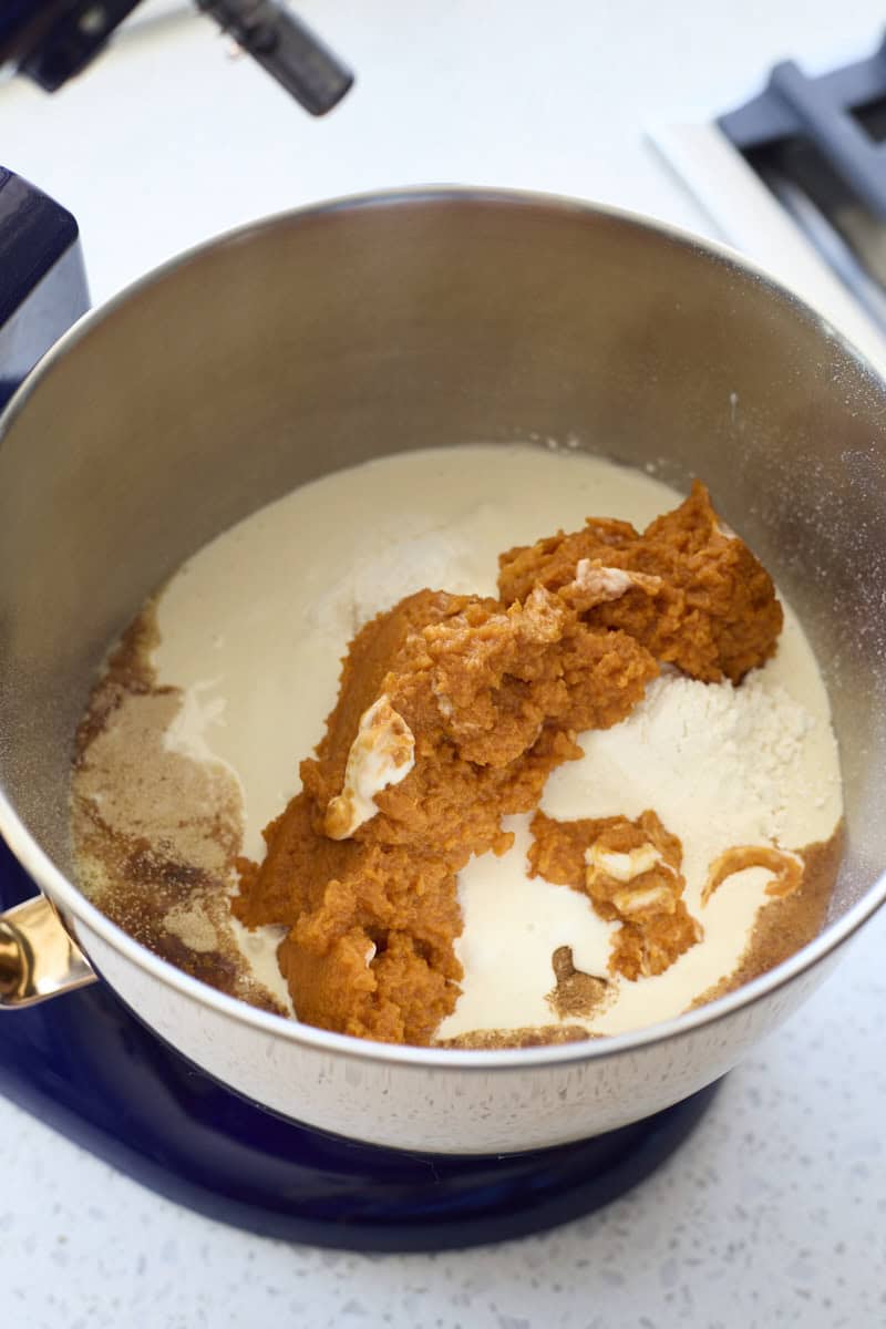 Ingredients in the bowl of a stand mixer.