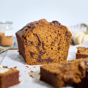 A side view of Sourdough Discard Pumpkin Chocolate Chunk Bread.