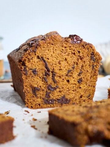 A side view of Sourdough Discard Pumpkin Chocolate Chunk Bread.