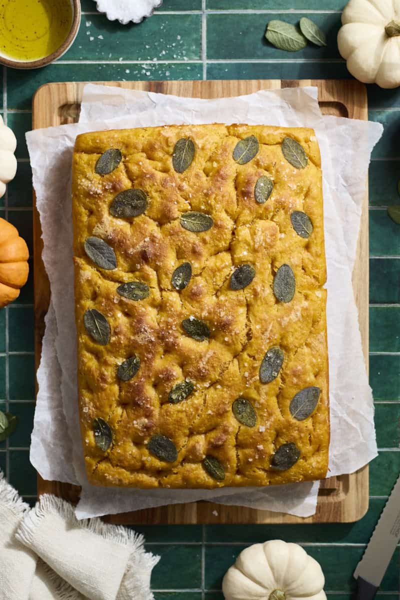 An overhead view of the Sourdough Discard Pumpkin Focaccia after baking.
