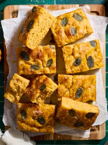 An overhead view of sliced Sourdough Discard Pumpkin Focaccia.