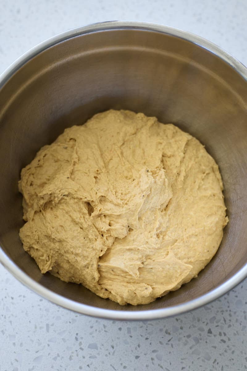 Dough in a large bowl before the first rise.
