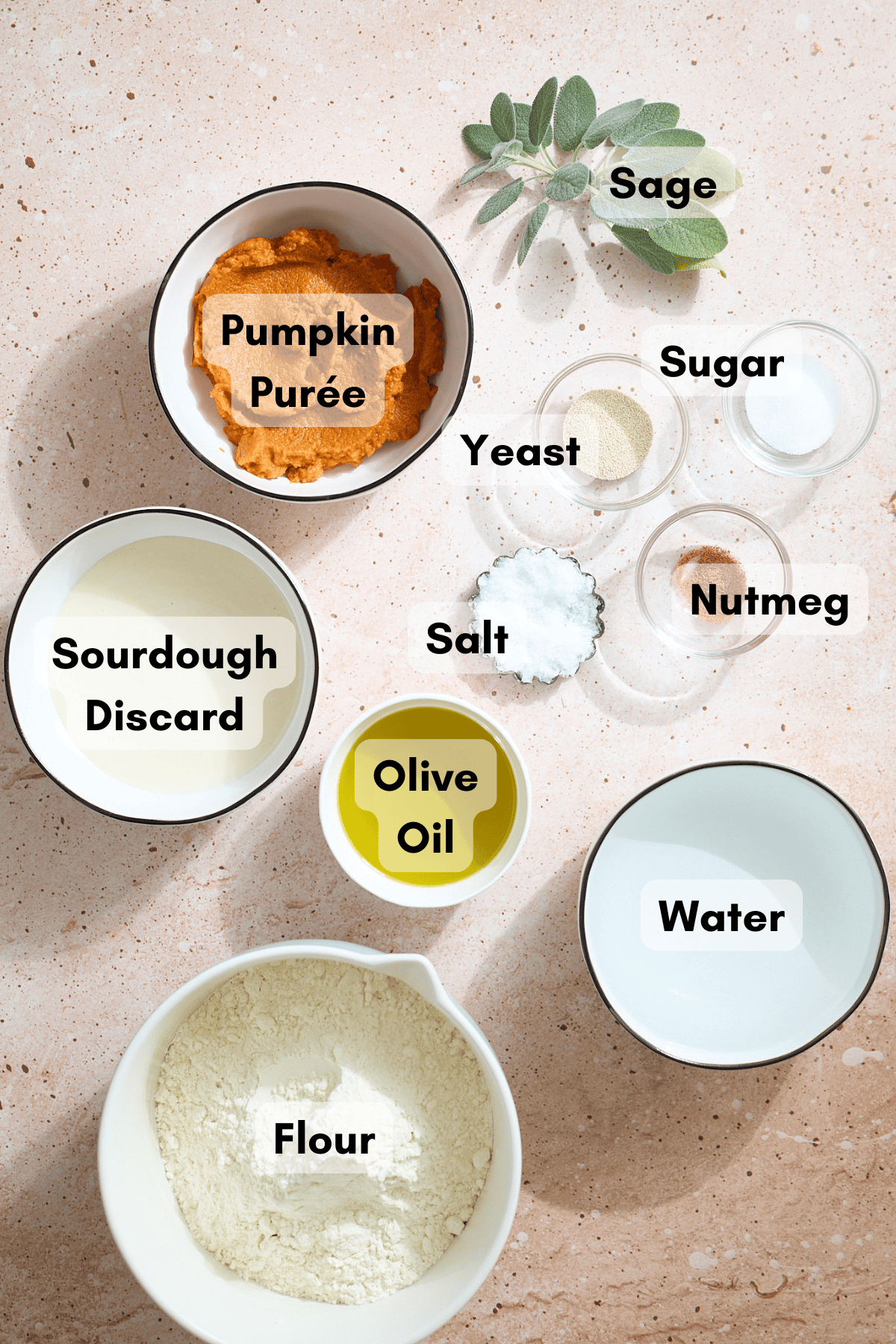 Ingredients for Sourdough Discard Pumpkin Focaccia in small bowls. 