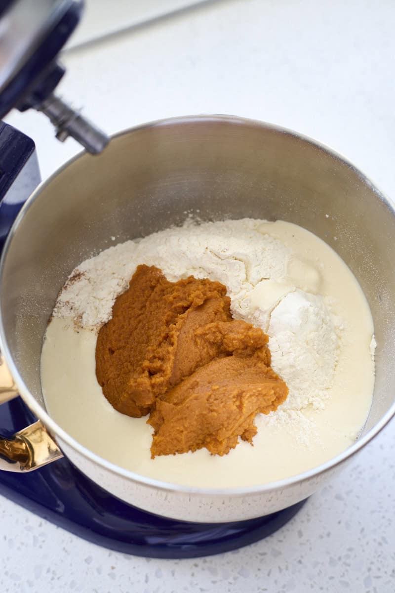 Ingredients in the bowl of a stand mixer.