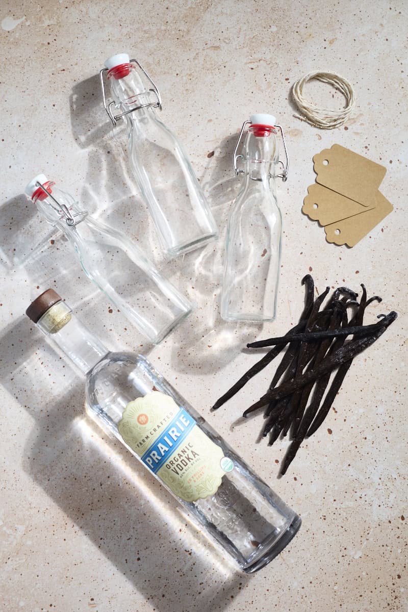 Ingredients and supplies for Homemade Vanilla Extract.