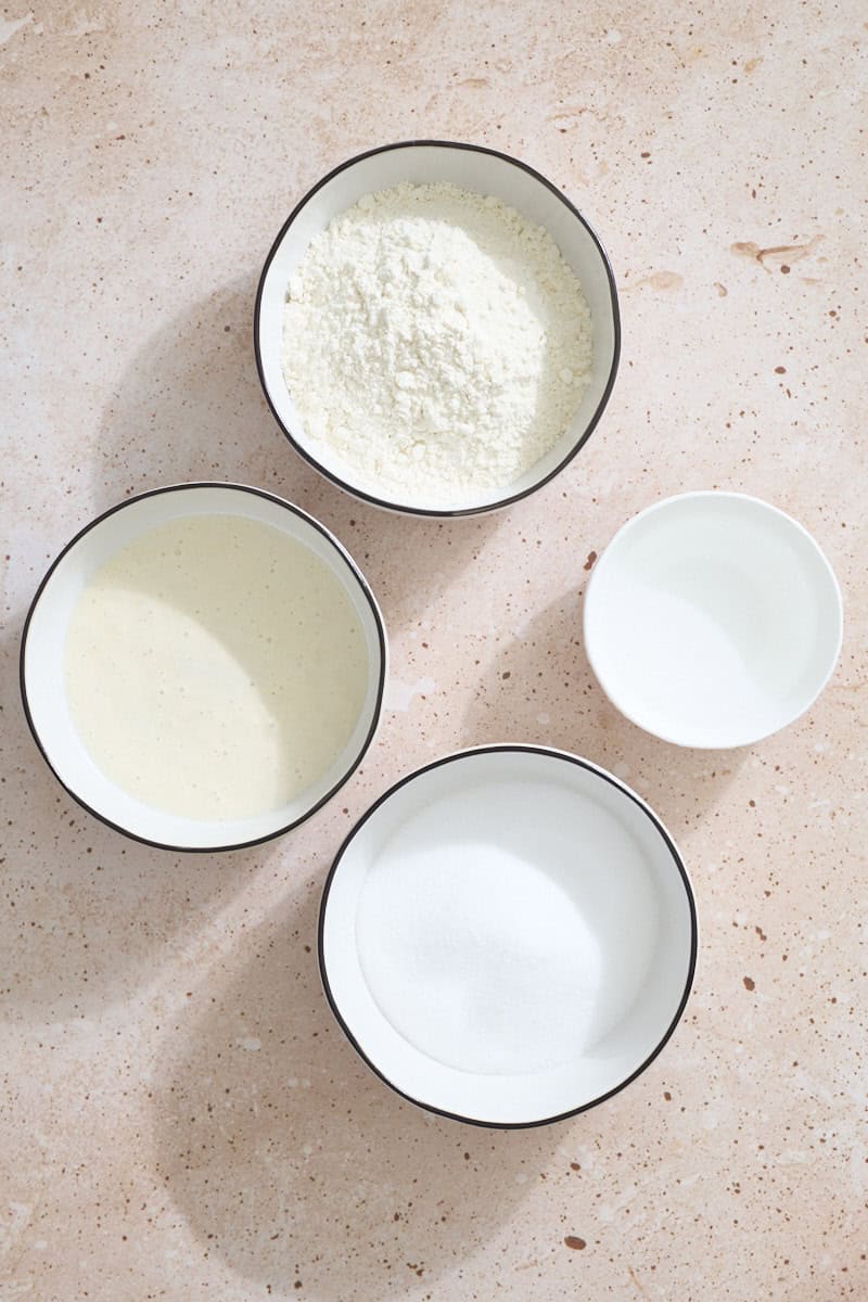Ingredients for Sourdough Discard Salt Dough Ornaments in bowls.