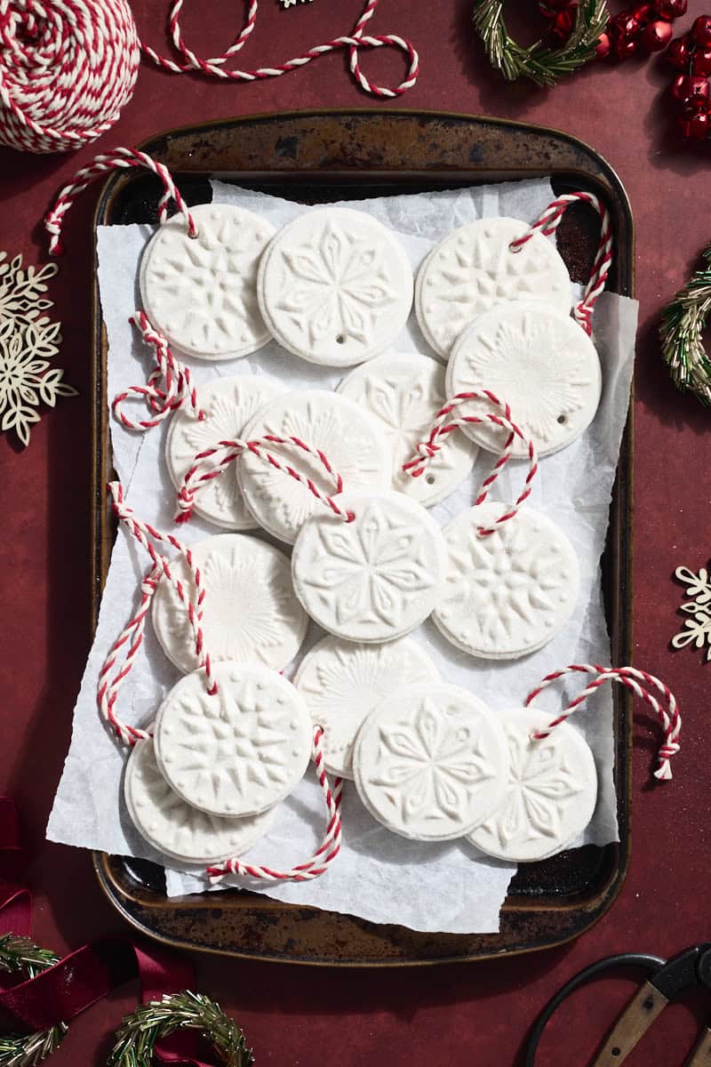 Finished Sourdough Discard Salt Dough Ornaments on a baking sheet.