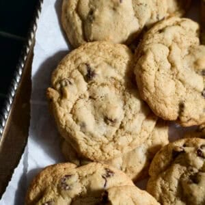 A pile of Sourdough Discard Chocolate Chip Cookies.