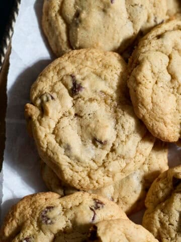 A pile of Sourdough Discard Chocolate Chip Cookies.