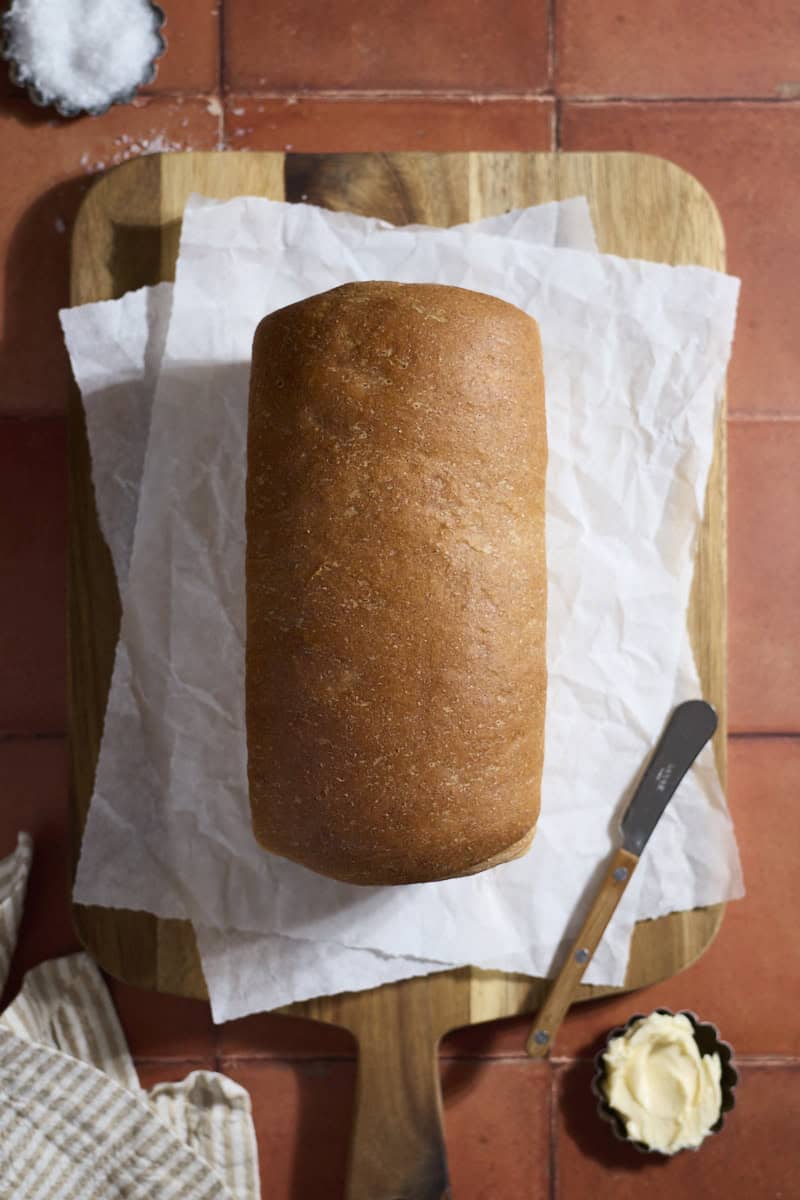 An overhead view of a baked loaf of Sourdough Discard Whole Wheat Sandwich Bread.