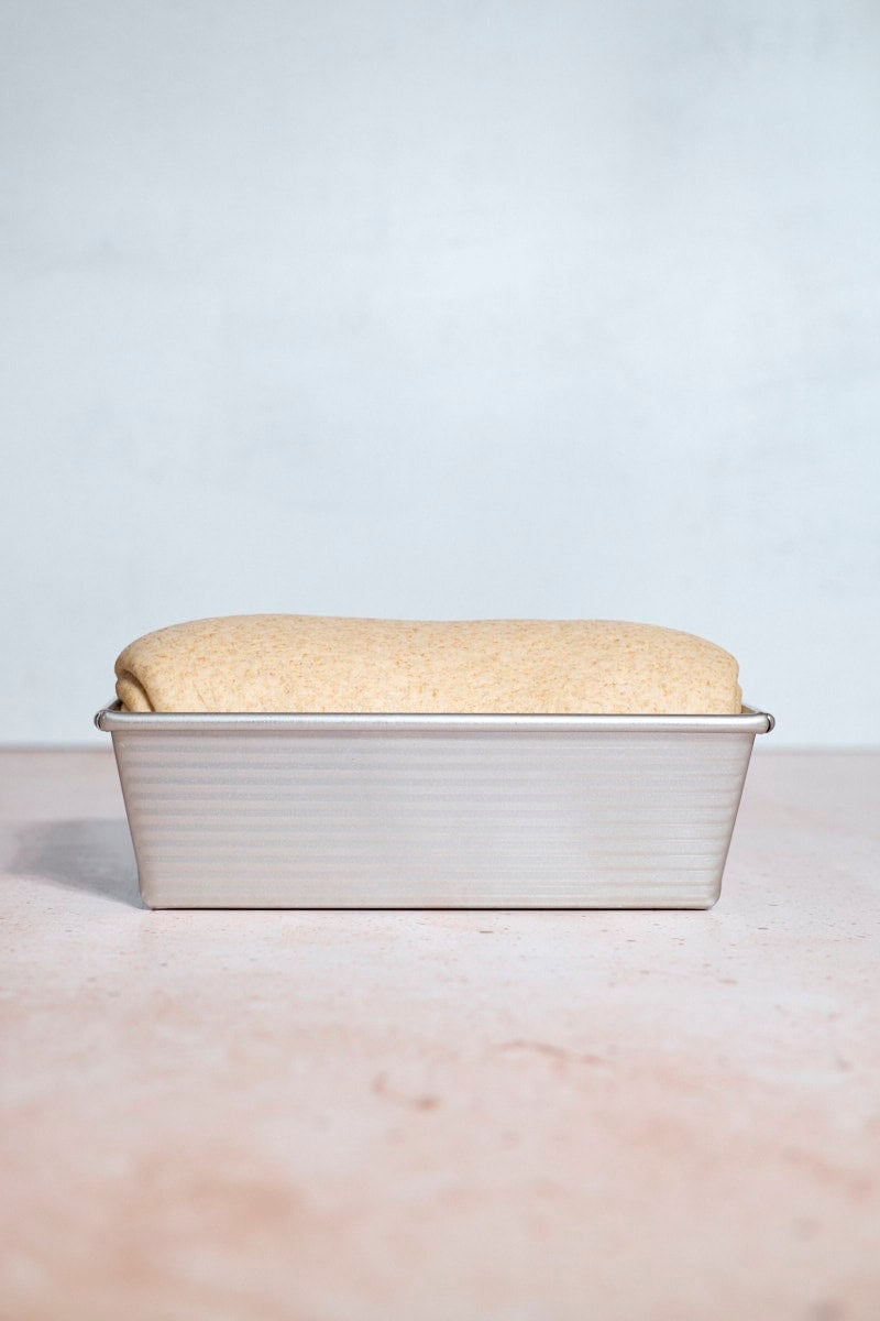 Side view of the dough rising over the edge of the pan.