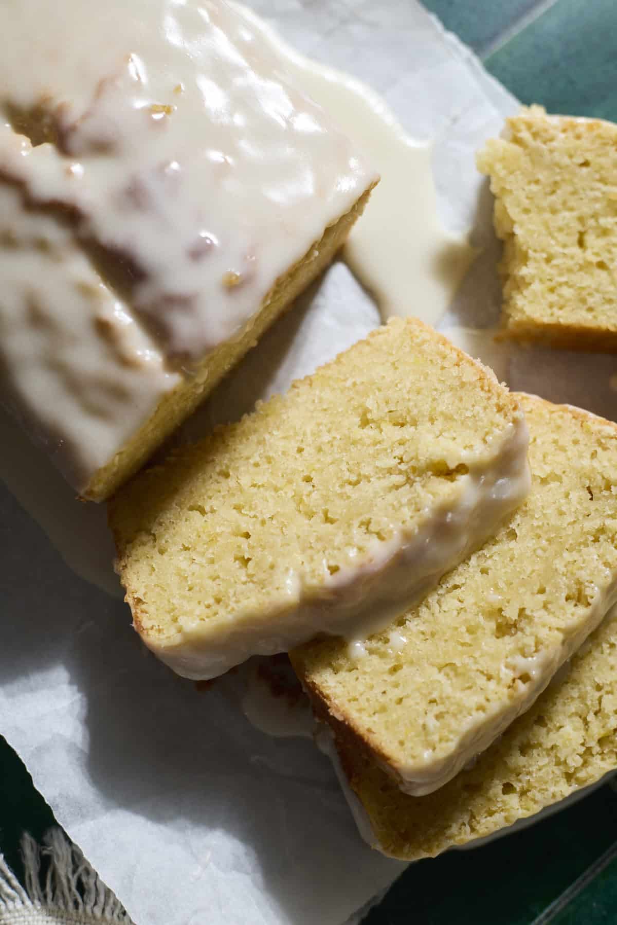 Sourdough Lemon Loaf Cake in slices.